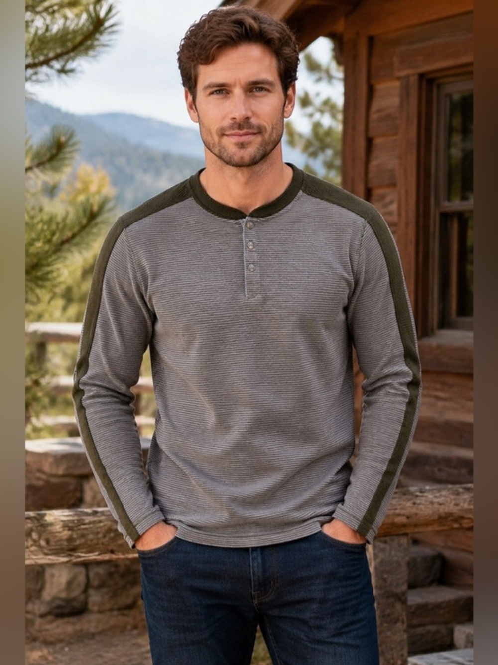 Avalanche Men’s Medium Thermal Henley Shirt Gray Olive Outdoor Hiking